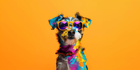 Cool dog with sunglasses on orange background. Generative ai design art concept. - obrazy, fototapety, plakaty