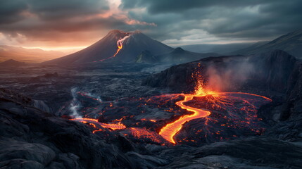 Volcano erupts, spewing lava and ash as dusk settles over the stark landscape - obrazy, fototapety, plakaty