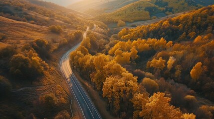 Aerial view of mountain road in autumn forest at sunset in Ukraine. Top view from drone of road in woods. Beautiful landscape with roadway