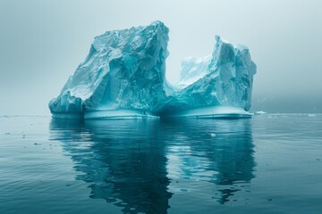 The image displays a peaceful yet imposing iceberg, its reflection mirrored perfectly on the foggy water surface