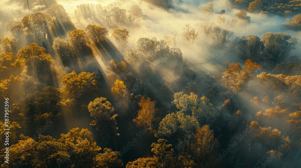 Poster airview light and shadows in mist. first rays of sun through fog and trees. morning autumn landscape
