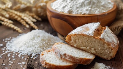 Fototapeta na wymiar An image of bread made with rice flour.Ears of rice, white rice, rice flour, and plain bread.