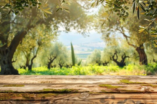 Wooden table with olives