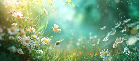 Artistic design featuring a spring meadow adorned with daisies, grass, and flowers, symbolizing the concept of nature and the environment with a green background.