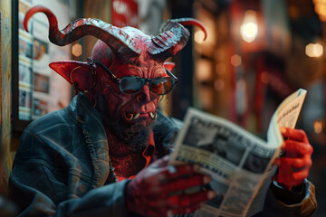 Devilish Demon Replaces Town Newspapers with Comical Comic Strips in Cinematic Scene - obrazy, fototapety, plakaty