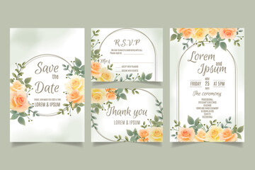 Wedding invitation template with yellow and orange roses and leaves