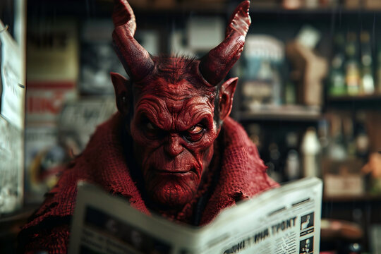 Devilish Trickster Demon Pranks Town with Comical Newspaper 3D Render in Cinematic Photographic Style