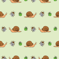Seamless pattern with garden pests, insects: snails, Colorado Potato beetle, bugs, aphids. Vector hand drawn outline color illustration, texture in flat doodle style. Topic of gardening, farming, natu