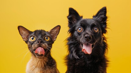 Banner pets eating. Portrait summer spring hungry cat and dog licking its lips with tongue. Isolated on yellow backgorund