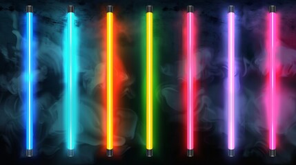 Set of neon led tubes isolated on transparent background, showing turquoise, blue, yellow, green, and red bar lamps glowing in smoke.