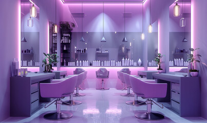 Modern purple beauty salon, manicure studio design, fashion glamour style hair salon, generated ai