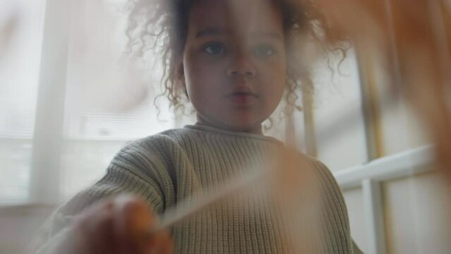 Through-glass footage of cute little Biracial girl with puffy hair painting transparent surface during room renovation