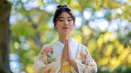 Asian woman with namaste hands, prayer hands pose, or the prayer mountain pose in the park.