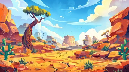A desert landscape with cacti and a baobab tree. Modern illustration of wild terrain with rocky stones, yellow sand, dry cracks, and exotic plants. The sky is cloudy and dunny blue.