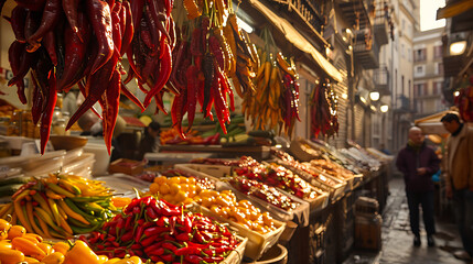 Fototapeta premium A vibrant Indian marketplace bustling with colorful stalls, exotic spices, and lively chatter, offering a sensory journey through the heart of India's rich cultural heritage.