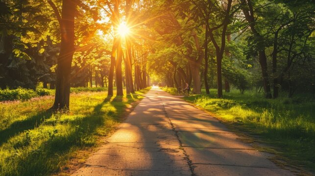 Beautiful road in green forest at sunset in summer. Colorful landscape with woods, bike road, walking people,