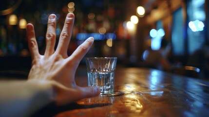 A hand pushes away the alcoholic glass, Symbolizing the power of sobriety and self-control over drinking alcohol.