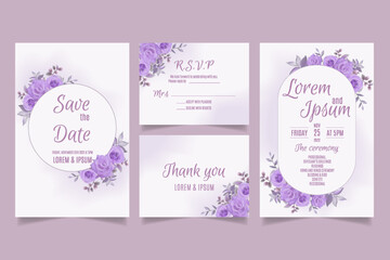 Wedding invitation template with purple roses and leaves