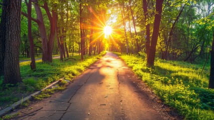 Beautiful road in green forest at sunset in summer. Colorful landscape with woods, bike road, walking people, sun rays, green trees, grass at sunny evening.