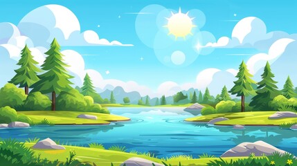 Fototapeta na wymiar The summer scenery has blue water in pond, green grass and trees with pines, sun on the sky with clouds, and the scene is set in a forest with a lake or river. Modern illustration depicts a summer