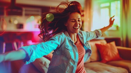 Happy woman dancing in the living room.