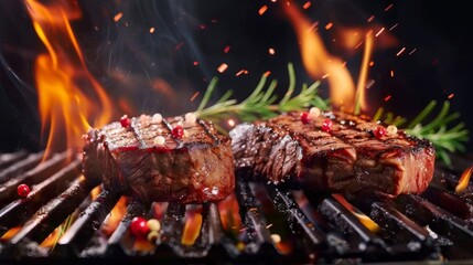 Beef steaks sizzling on the grill with flames - obrazy, fototapety, plakaty