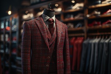 A red checkered suit on a mannequin stands out in a luxurious shop setting, showcasing style and quality