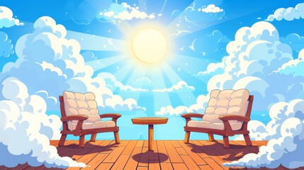 An image of a wooden terrace with a table and chairs against a blue sky. A cartoon depiction of wooden patios or balconies with furniture for relaxation. A modern high-rise building or hotel
