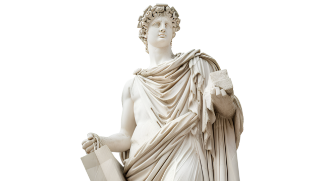 Greek sculpture holding a shopping bag statue isolated on a transparent background