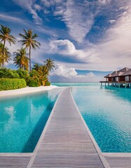 Tropical resort infinity pool with overwater bungalows - obrazy, fototapety, plakaty