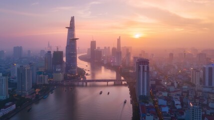 Bitexco Financial Tower, buildings, roads at sunset view from Thu Thiem 2 bridge, connecting Thu Thiem peninsula and District 1 across the Saigon River in Ho Chi Minh city - obrazy, fototapety, plakaty