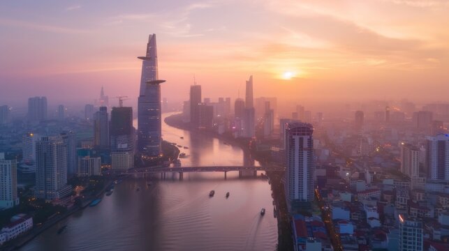 Bitexco Financial Tower, buildings, roads at sunset view from Thu Thiem 2 bridge, connecting Thu Thiem peninsula and District 1 across the Saigon River in Ho Chi Minh city