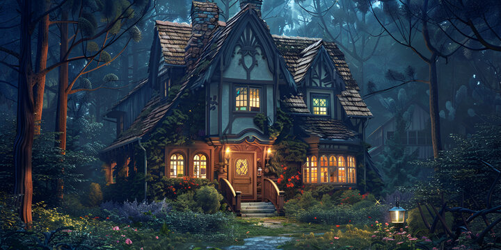 Photo small fairy tale sparkling house in magic forest wallpaper Green Fairy Fantasy House in the Forest at ight view background.

