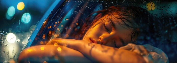 A relaxed female child in the passenger seat of a car, her face blurred, as raindrops speckle the window against a backdrop of glowing city lights.