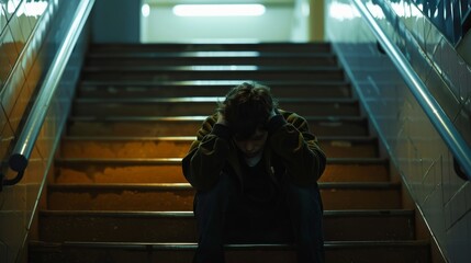 The sad boy sits alone on the school stairs, seeking refuge from the cruelty of school bullying
