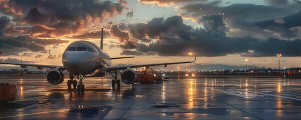 A commercial jet poised on a wet runway, bathed in the warm glow of a sunset with dramatic clouds in the background. - obrazy, fototapety, plakaty