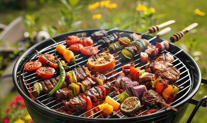 Vibrant image of grilled kebabs with a variety of vegetables and meats on a smoking barbecue in a...