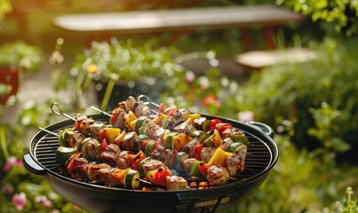 Vibrant image of grilled kebabs with a variety of vegetables and meats on a smoking barbecue in a garden.