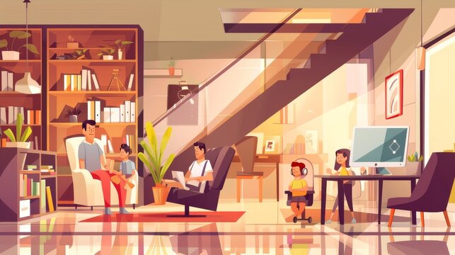 Families with children in a modern house with a large living room, armchairs, books, computer, and staircase to the second floor.