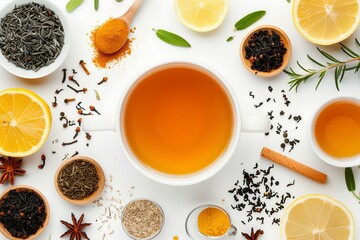 A cup of tea surrounded by spices and lemons and spices on a white surface with a spoon and spoon a