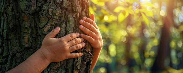 Close-up image of humans hands hugging a tree, symbolizing a connection with nature.