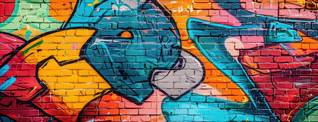 A vibrant, colorful graffiti art covering a massive brick wall, showcasing street art culture.