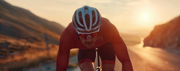 A male cyclist in full gear aggressively pedals on a road embracing the challenge and spe.