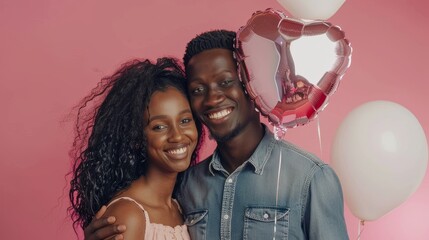 On Valentine's Day, young couple holds beautiful heart-shaped balloons against a pink background.