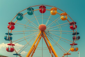 A striking image of a golden Ferris wheel contrasted by a deep blue sky, invoking fun and nostalgia