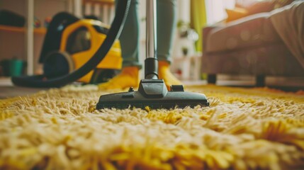 A person using a vacuum cleaner to tidy carpet at home close up.