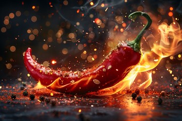 A red chili pepper surrounded by fiery sparks conveys the concept of intense flavor and heat in cooking - obrazy, fototapety, plakaty