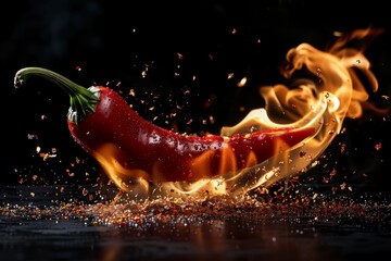 The trailing flames highlight the pepper's spicy nature, while water droplets add a fresh, dewy contrast - obrazy, fototapety, plakaty