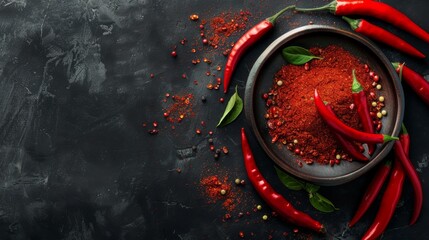 Chili Powder and fresh chili on black background - obrazy, fototapety, plakaty