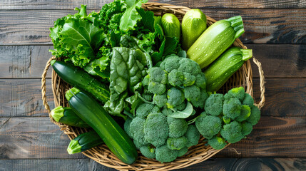fresh organic vegetables, zucchini, broccoli,  in a basket on a wood countertop